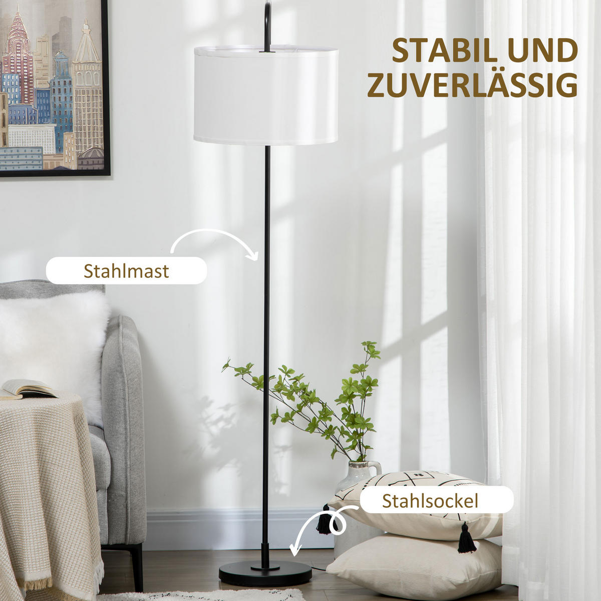 STEHLAMPE Wohnzimmer Stehleuchte mit Stoff-Lampenschirm, Fußschalter, Weiß - Weiß, Metall (64/38/163.5cm) - HOMCOM