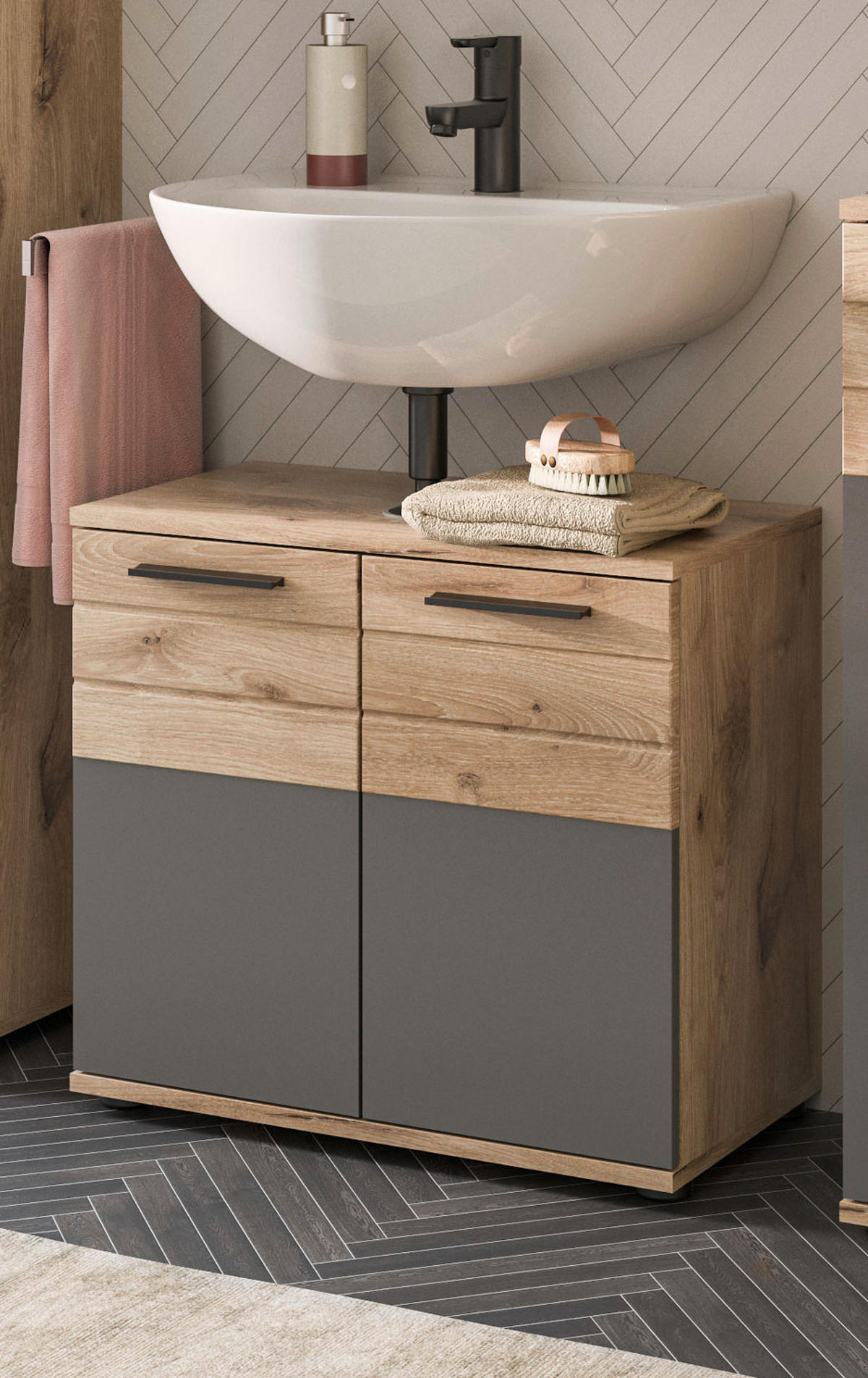 WASCHBECKENUNTERSCHRANK Eiche, grau 60 cm mit Soft-Close - Eichefarben/Schwarz, Holzwerkstoff/Kunststoff (60/56/34cm) - Inn.Furn