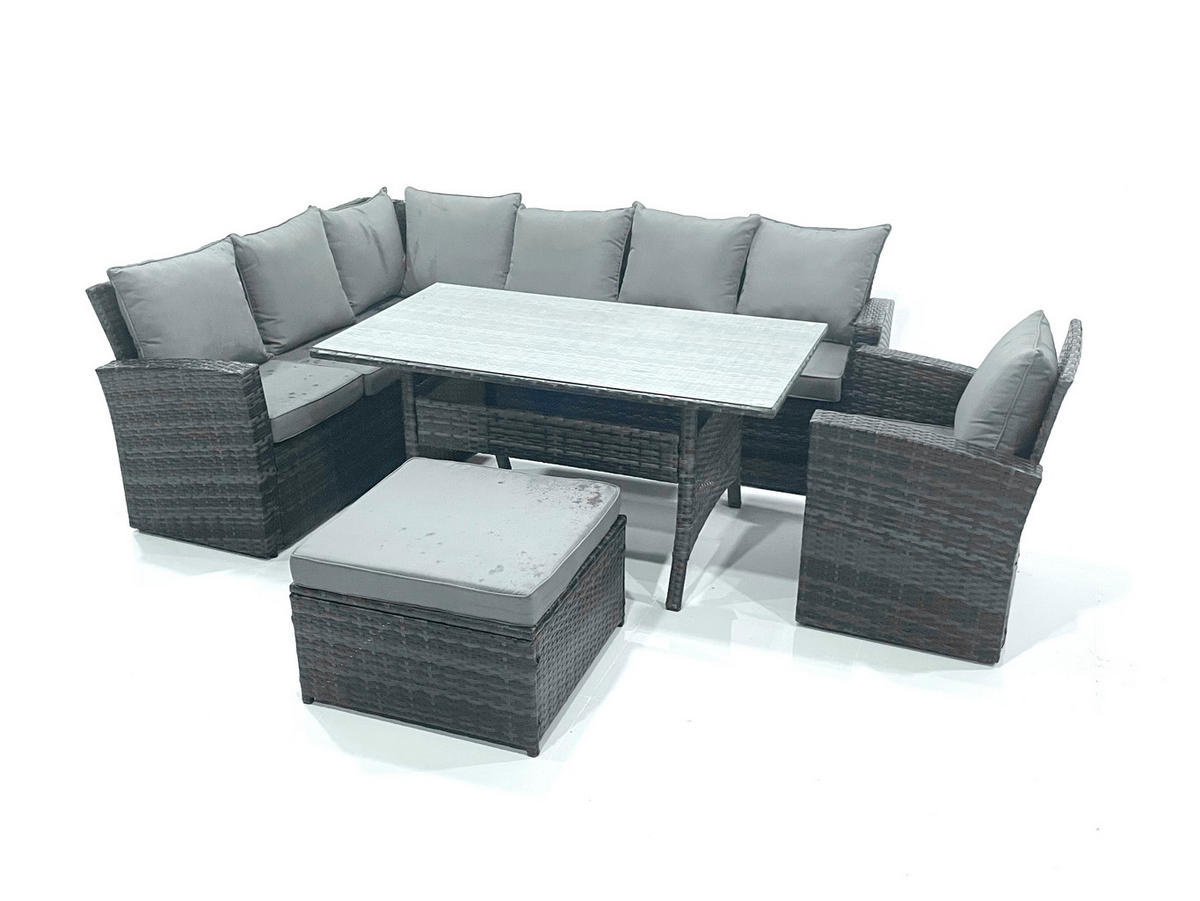 GARTENLOUNGE mit Ecksofa Polyrattan Dunkelgrau 6-Sitzer - Dunkelgrau/Grau, Glas/Kunststoff - Fimous