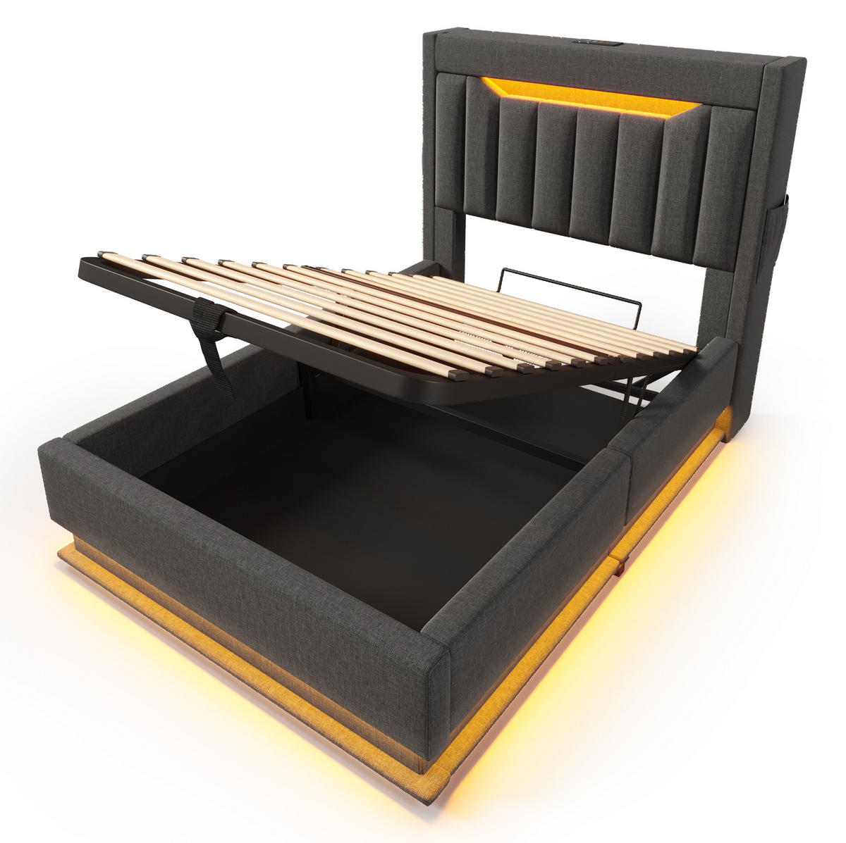 POLSTERBETT mit Stauraum und LED 90x200 cm Leinen Grau - Grau, Metall (90/200cm) - Meubliv