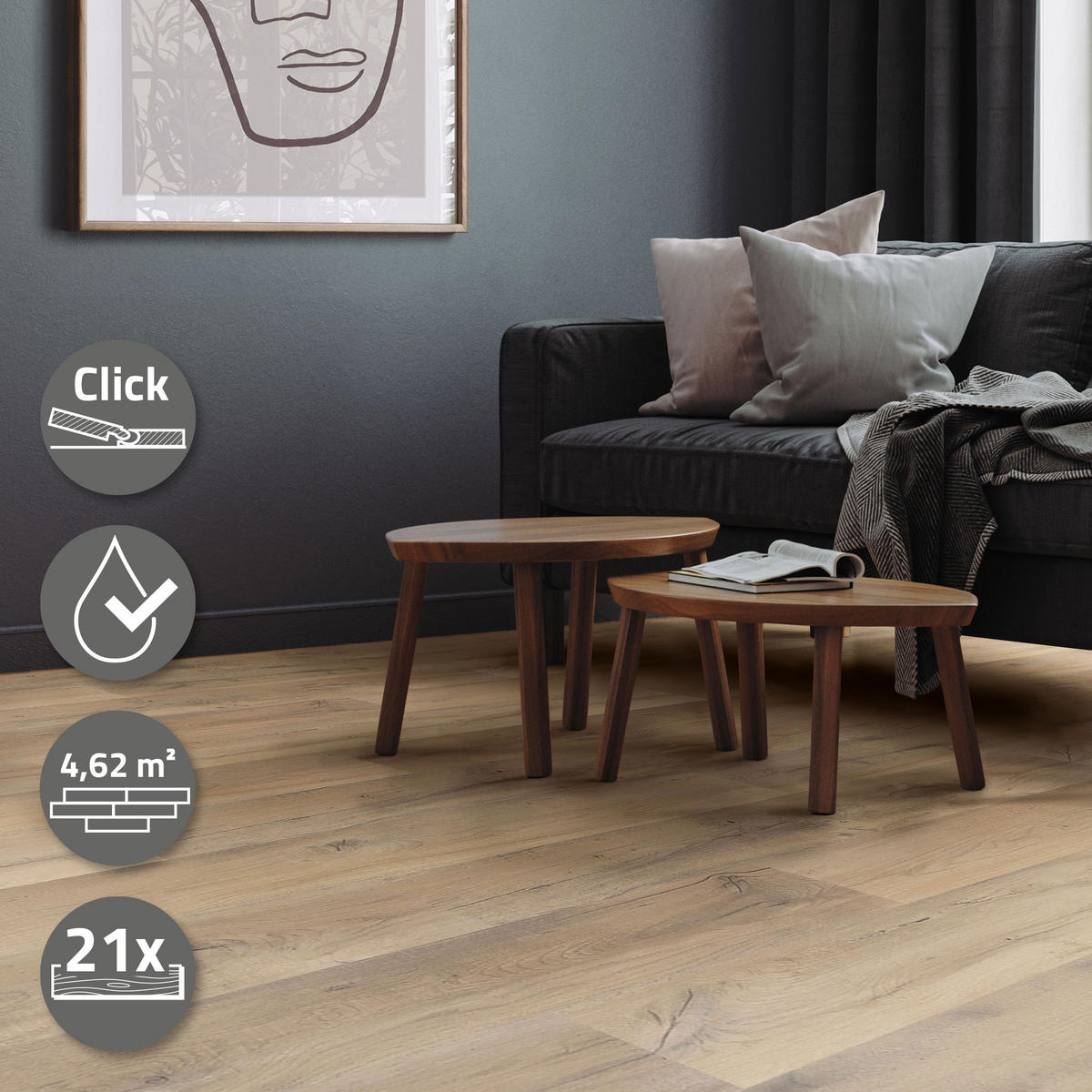 VINYLOVÁ PODLAHA s klikovým systémem 4,62 m²/21 lamel, PVC podlahová krytina, dub rustikální světlý, vzhled dřeva - barva dubu, plast/umělá hmota (122/18/0.42cm) - ML-DESIGN