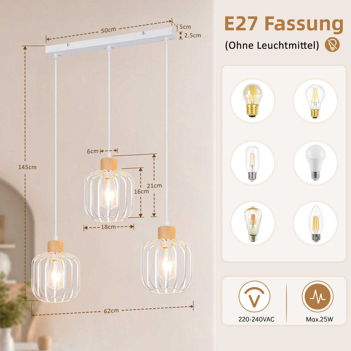 PENDELLEUCHTE Uxvin 62/18/145 cm - Weiß, Holz/Metall (62/18/145cm) - ZMH