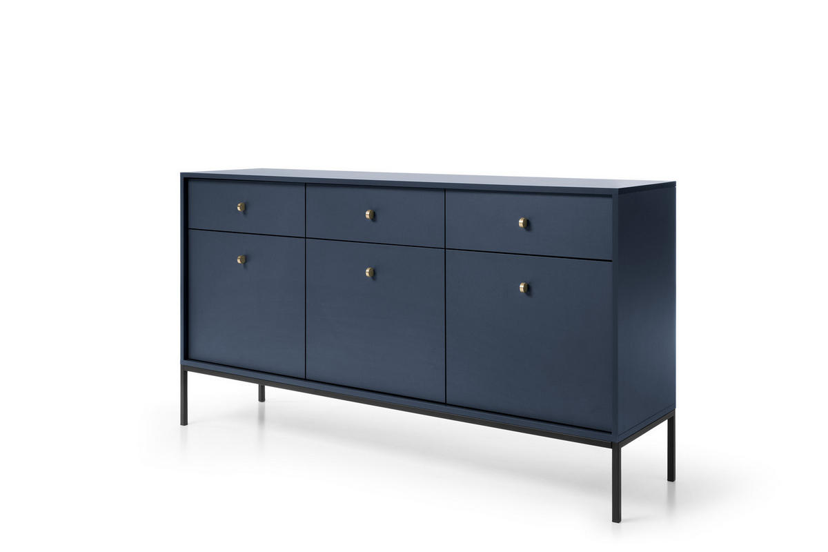 KOMMODE Molly Dunkelblau, Schwarze Beine, Dreitürige mit Schubladen - Schwarz/Dunkelblau, Holzwerkstoff/Metall (154/83/39cm) - Bettso