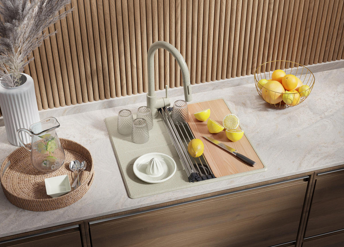 GRANITSPÜLE Kopenhagen, 2-er set Beige 55/50 cm 1 Becken + Küchenarmatur 32/20 cm + Ablauf-Set + Schneidebrett ab 40er Unterschrank - Beige, Kunststoff (55/20/50cm) - Primagran