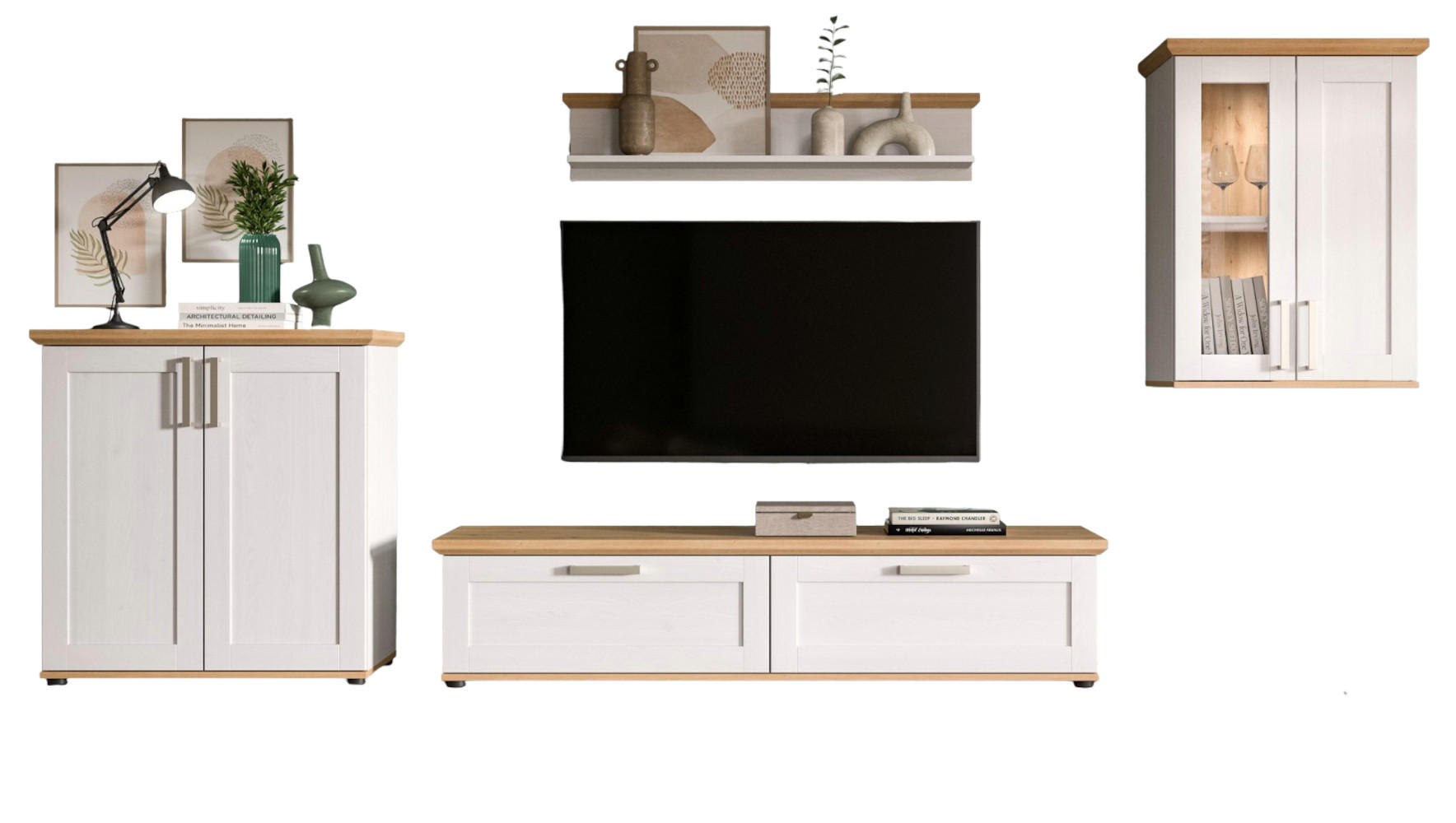 WOHNWAND 4-teilig weiß Lärche, Eiche Artisan 336 cm Landhaus, Schrankwand mit viel Stauraum - Silberfarben/Schwarz, Holzwerkstoff/Kunststoff (336/171/40cm) - Inn.Furn