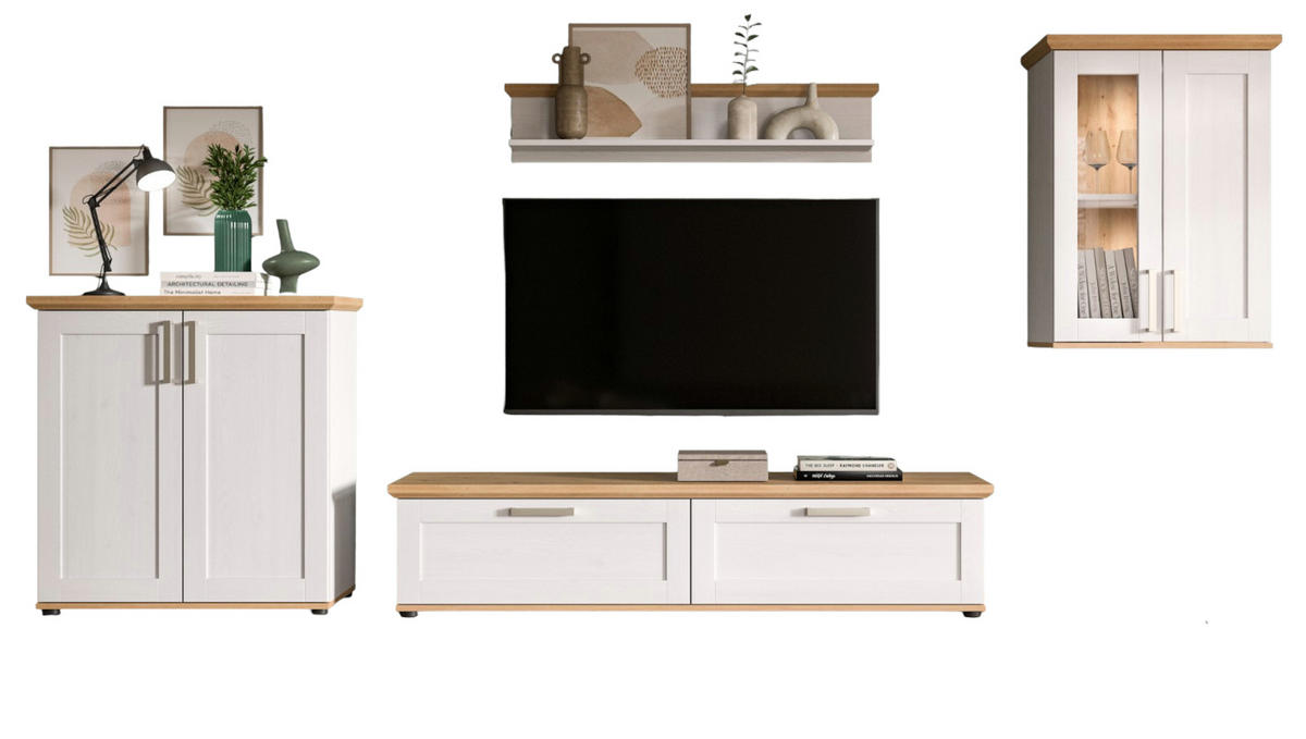 WOHNWAND 4-teilig weiß Lärche, Eiche Artisan 336 cm Landhaus, Schrankwand mit viel Stauraum - Silberfarben/Schwarz, Holzwerkstoff/Kunststoff (336/171/40cm) - Inn.Furn