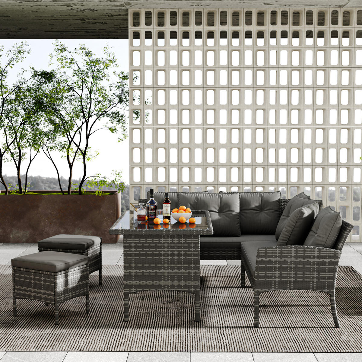 GARTENLOUNGE 195/51/78 cm grau aus PE-Rattan mit Tisch, Hockern und waschbaren Kissen - Grau, Metall - OKWISH