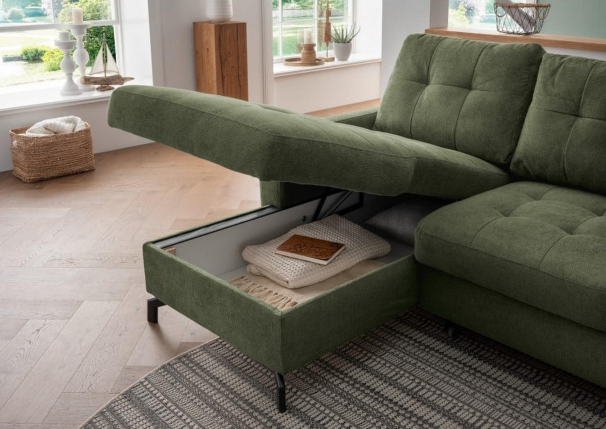 ECKSOFA mit Schlaffunktion und Bettkasten, Luxus-Mikrofaser - Dunkelgrün/Schwarz, Textil/Metall (230/150cm) - myHomelando