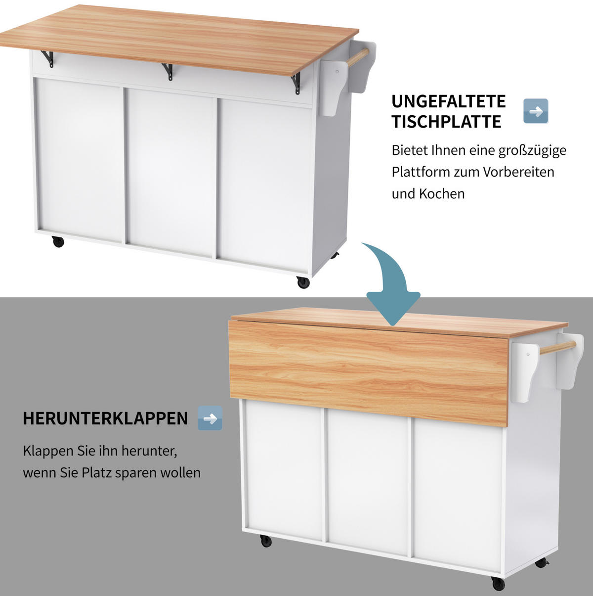 KÜCHENINSEL 129/46(71)/91,5 cm mit klappbarer Tischplatte, 5 Rollen, 2 Schubladen und Stauraum, Weiß/Natur - Weiß, Holzwerkstoff (129/91.5/71cm) - Redom