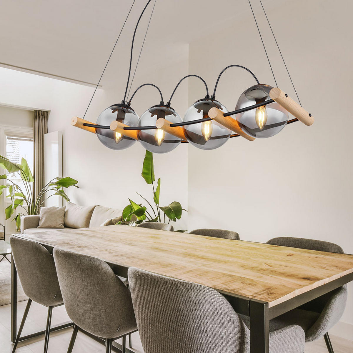 PENDELLEUCHTE Metall Schwarz-matt Glas Rauchfarben - Braun, Holz (75/22/120cm) - Globo Lighting