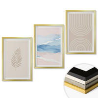 WANDBILDER 3er Set - 40x60 cm Goldrahmen - Blätterwellen beige blau - Goldfarben, Kunststoff (40/60cm) - ArtPrintCave
