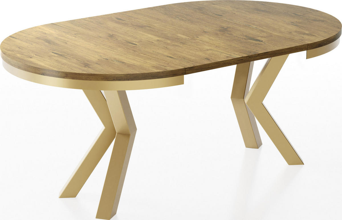 ESSTISCH Clara Gold runder ausziehbarer, Lancelot Eiche 100-180/100/76 cm - Eichefarben/Goldfarben, Holzwerkstoff/Metall (100/100/76cm) - WFL GROUP