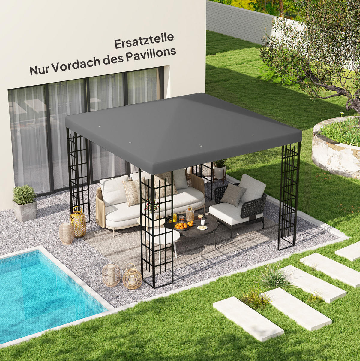 PAVILLON-ERSATZDACH 298/298 cm mit Klettverschluss und 8 Entwässerungslöchern aus Polyester, Dunkelgrau - Dunkelgrau, Textil (298/1/298cm) - Redom