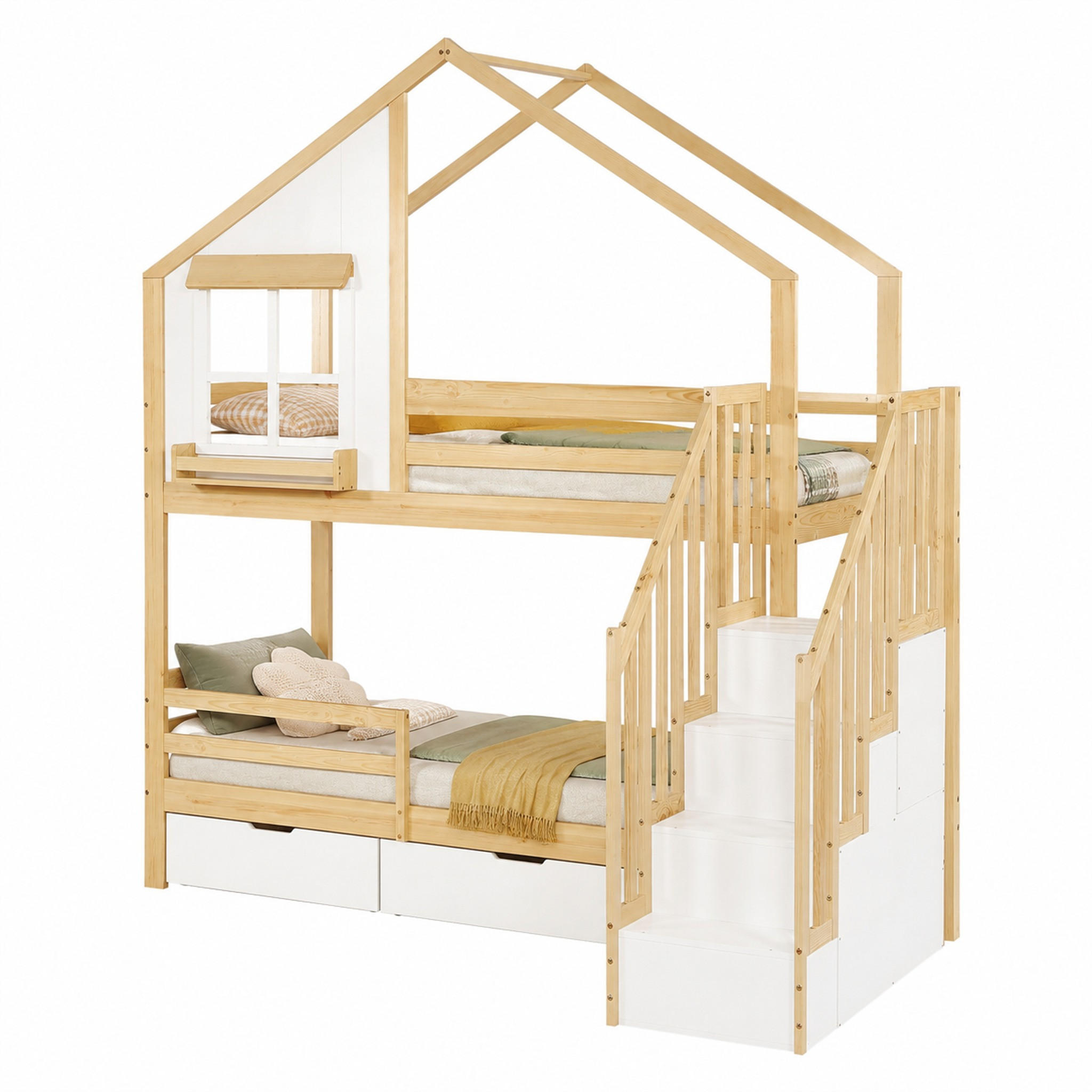 ETAGENBETT mit Stauraumtreppe 90x200 cm Weiß Natur - Weiß, Holz (90/200cm) - Meubliv