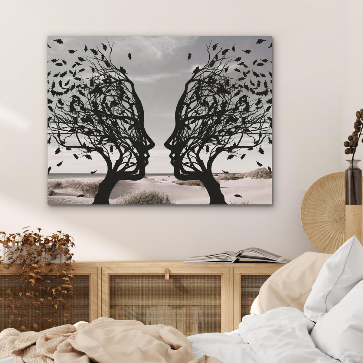 AKUSTIKPANEEL Strand - Meer - Menschen - Baum - Moderne Kunst 80x60 cm - Hellgrau, Textil (80/0.9/60cm) - MuchoWow