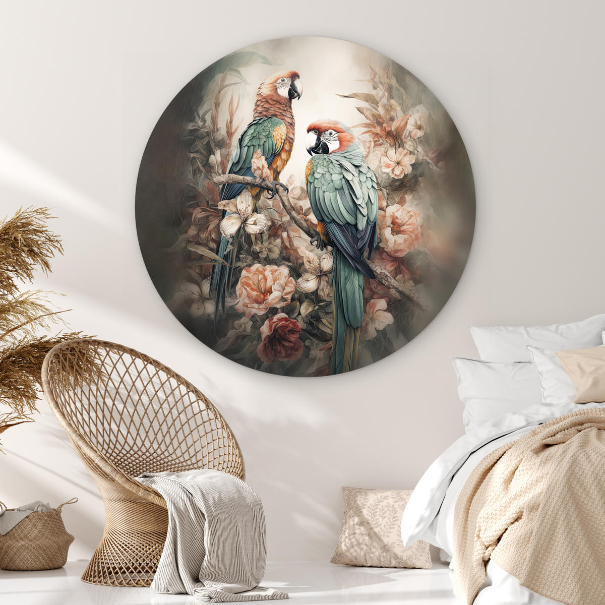 WANDBILD Papageien - Vögel - Natur - Blumen 140x140 cm - Baltimorefarben, Kunststoff (140/140cm) - MuchoWow