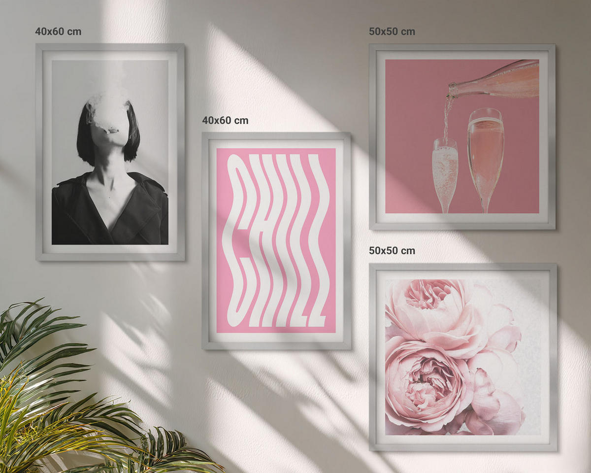 WANDBILDER 4er Set - 50x50 cm & 40x60 cm Silberner Rahmen - Stilvolles Porträt mit Champagner - Silberfarben, Kunststoff (50/50cm) - ArtPrintCave