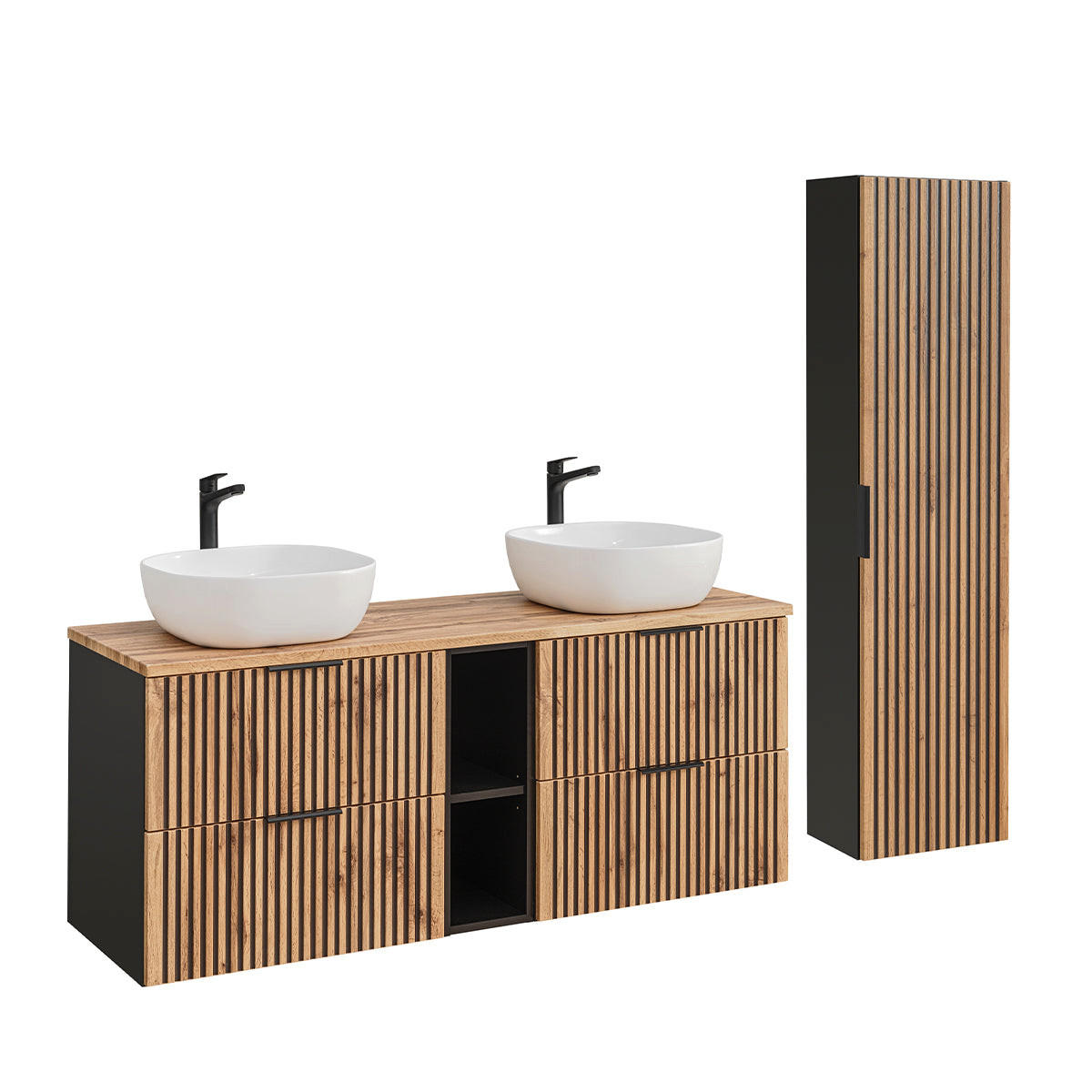 BADMÖBEL 140.6cm Gaia 2er-Set Holz in Eichenoptik und Schwarz - Schwarz, Holzwerkstoff (140.6/59/46cm) - Petits-meubles