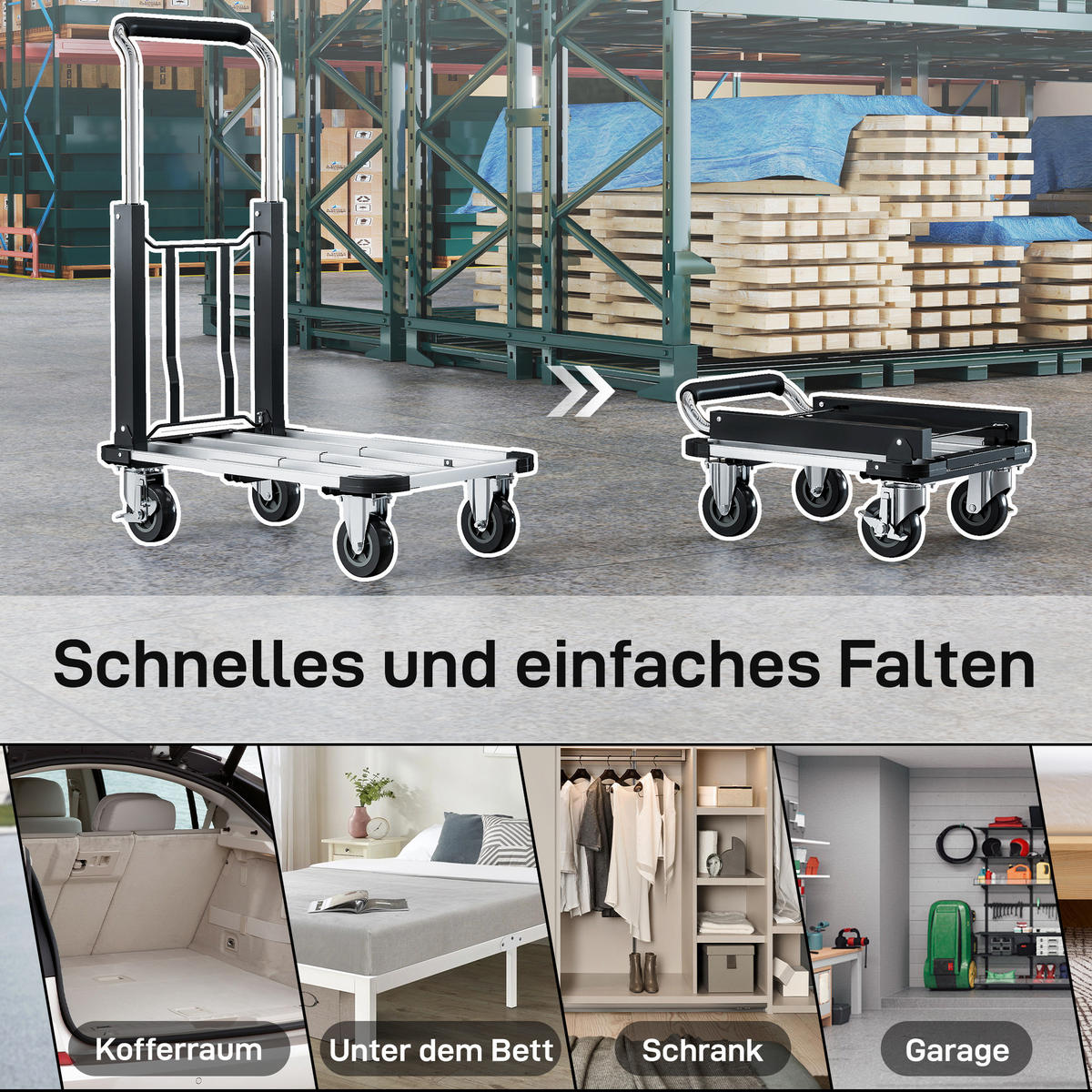 PLATTFORMWAGEN Transportwagen Klappbar 150 kg mit ausziehbarer Plattform - Schwarz, Metall (42/95/71.5cm) - HOMCOM