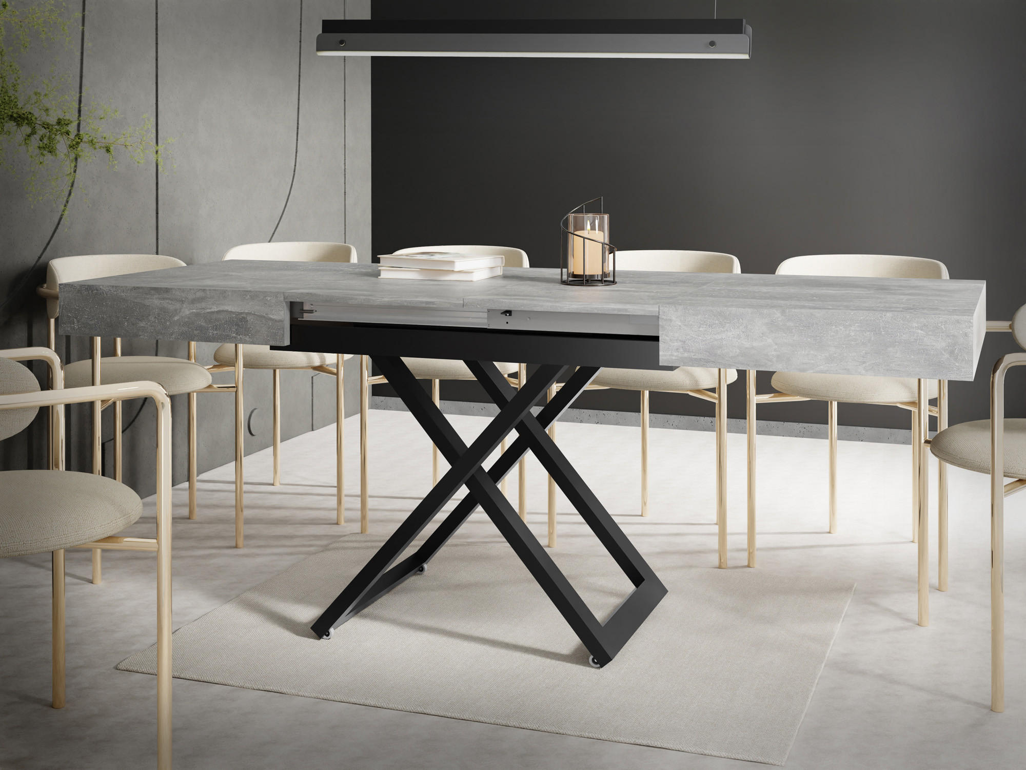 COUCHTISCH Cavetta U höhenverstellbar ausziehbar, Grauer Beton 120-200/80/27-76 cm - Hellgrau/Schwarz, Holzwerkstoff/Metall (80/120/76cm) - WFL GROUP