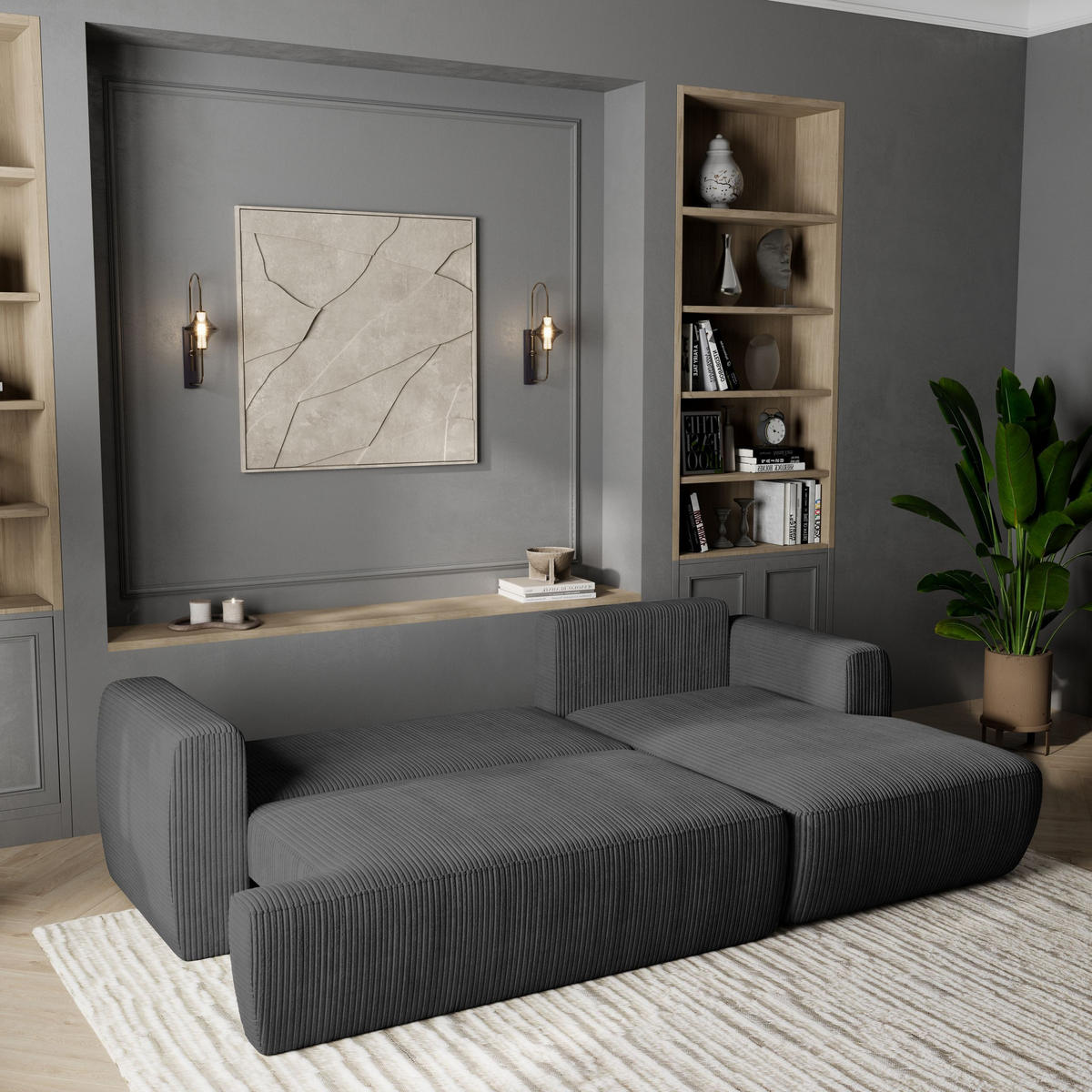 ECKSOFA SENTI P R-S Graphitfarben Kordstoff mit Schlaffunktion - Graphitfarben, Holz (246/148cm) - MASSENO