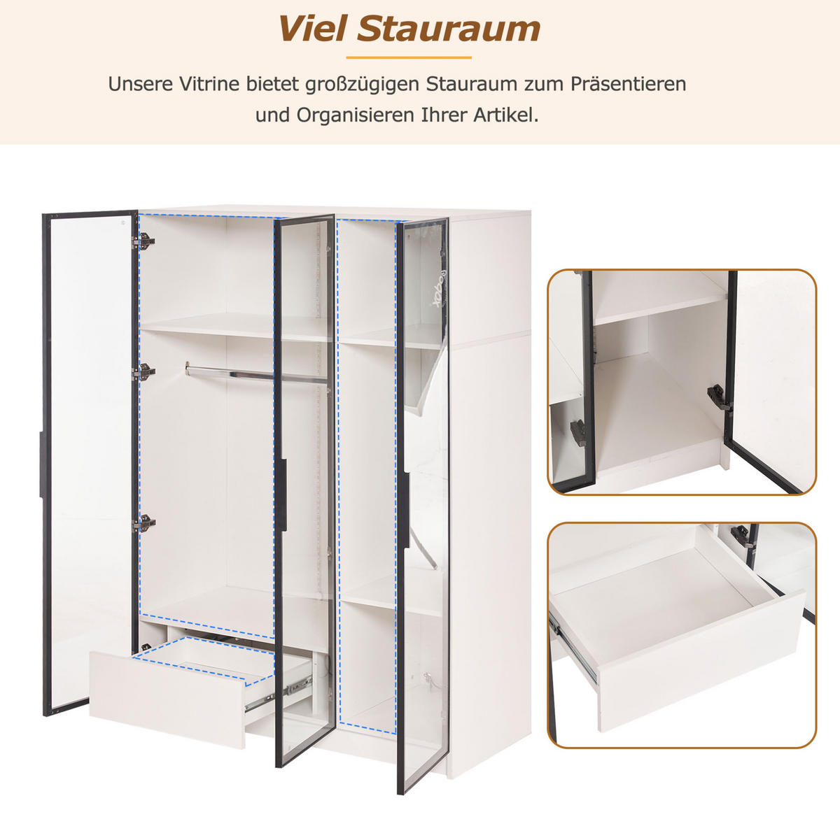 KLEIDERSCHRANK aus Spanplatte mit 3 Glastüren & LED, 110/50/160 cm, Weiß - Weiß, Holzwerkstoff (110/160/50cm) - Redom