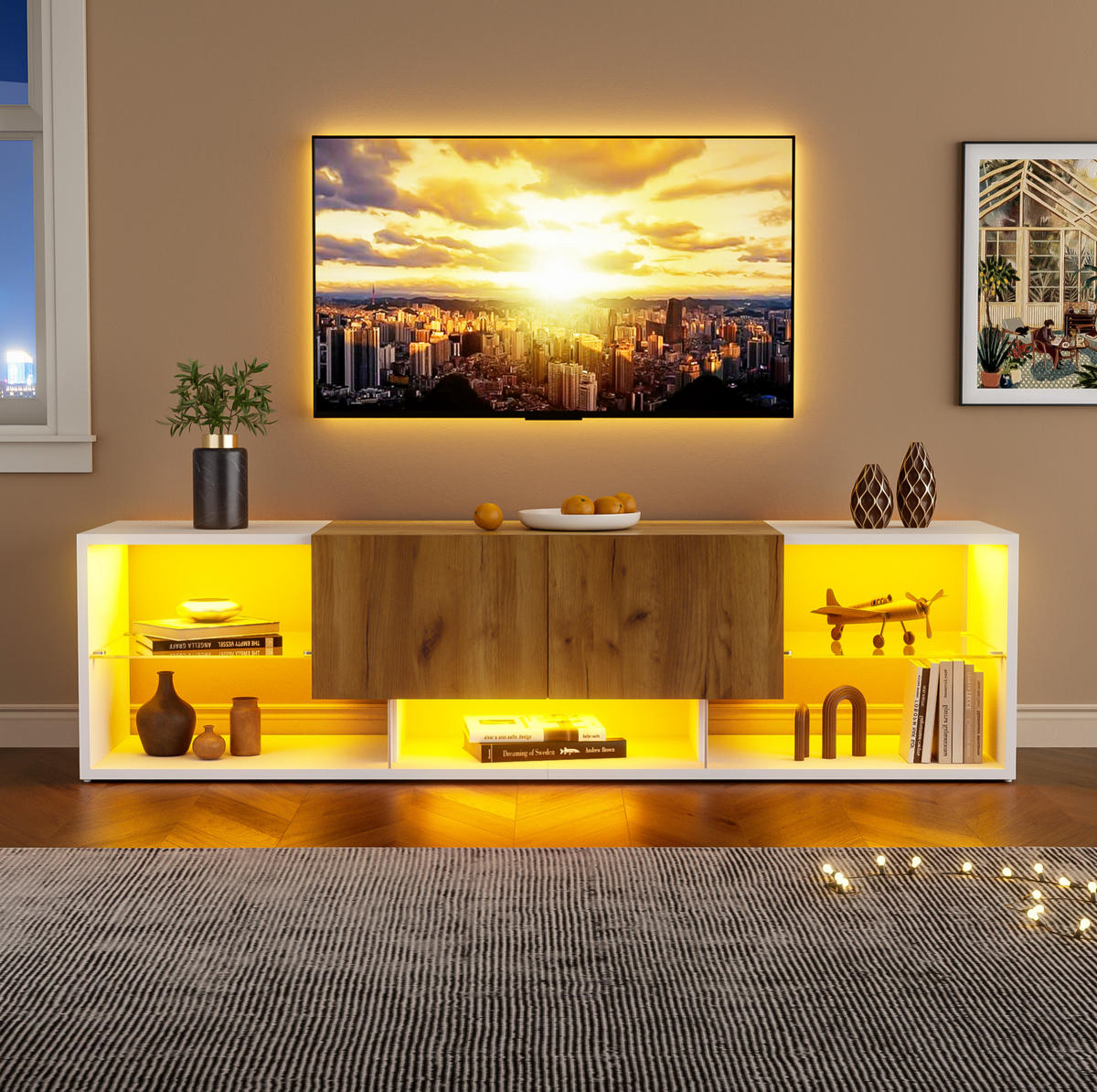 TV-LOWBOARD aus Spanplatte 160x40x42 cm Weiß/Eichefarben mit LED-Beleuchtung, Glasablage und 2 Schubladen - Hellbraun, Holzwerkstoff (160/42/40cm) - Modfu