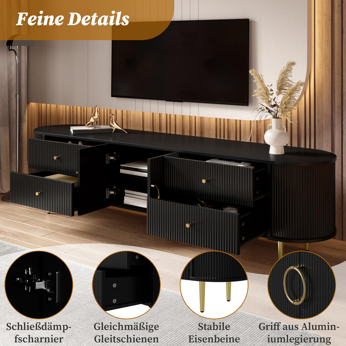 TV-ELEMENT 180/40/53 cm Schwarz mit 4 Schublade - Schwarz, Holz (180/53/40cm) - Oxeza
