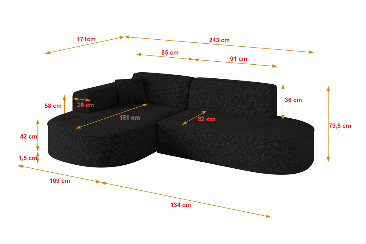 ECKSOFA Ottomane Links MARI-L1 - 243x171x79 cm Schwarz Tissu - Schwarz, Holzwerkstoff/Kunststoff (243/171cm) - ALTDECOR