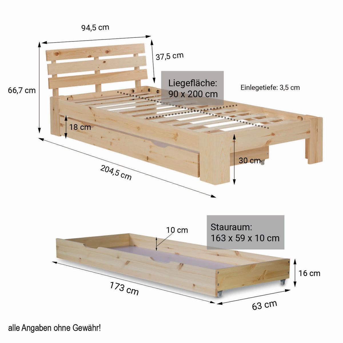HOLZBETT mit Stauraum 90/200 cm natur - Braun, Holz (90/200cm) - Homestyle4u