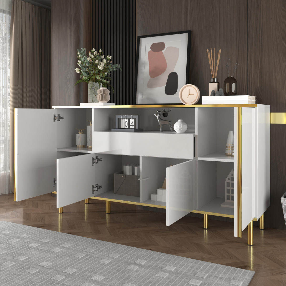 SIDEBOARD 150x40x80cm Weiß Hochglanz Mit 1 Schublade - Weiß, Holzwerkstoff (40/80/150cm) - FLIEKS