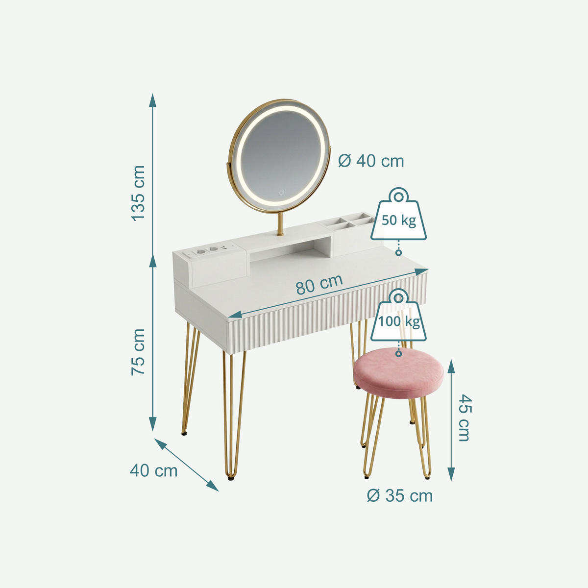 LIČILNA miza - večbarvno, kovina/steklo (80/135/40cm) - Relaxdays