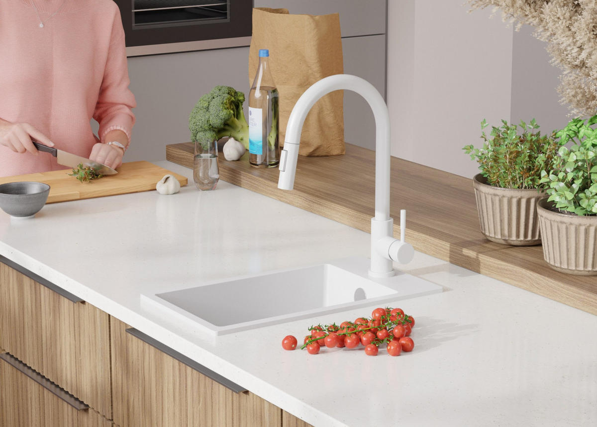 GRANITSPÜLE Riga, 2-er set Alles Weiß 28/50 cm 1 Becken + Küchenarmatur 40/20 cm + Ablauf-Set ab 30er Unterschrank - Weiß, Kunststoff (28/20/50cm) - Primagran