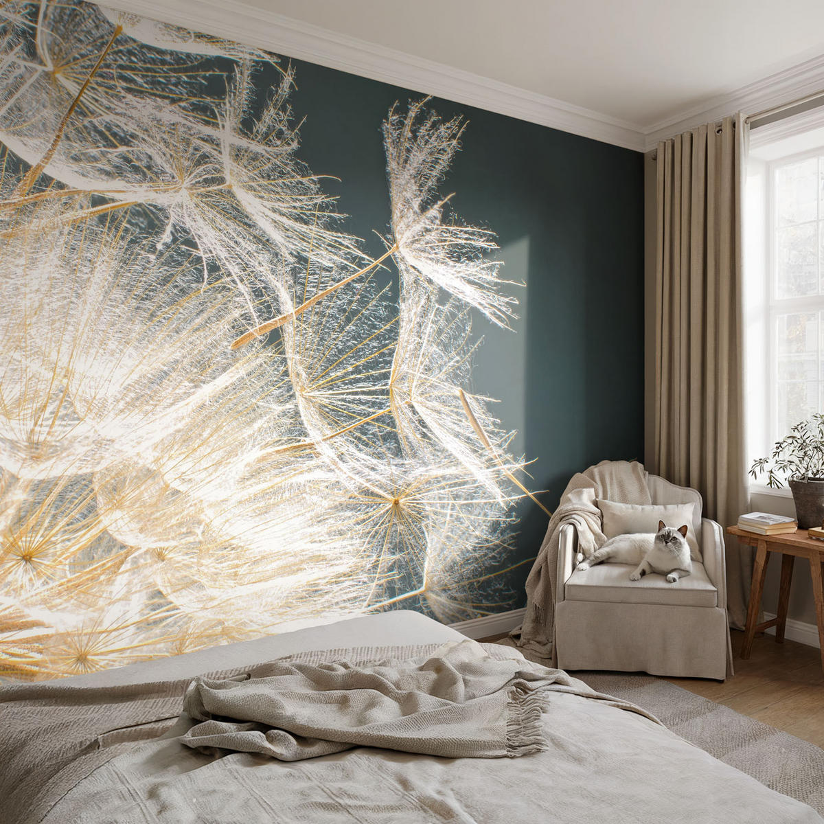 FOTOTAPETE 104x70 cm - Löwenzahn der Leichtigkeit - Weiß, Textil (104/70cm) - Wallfluent