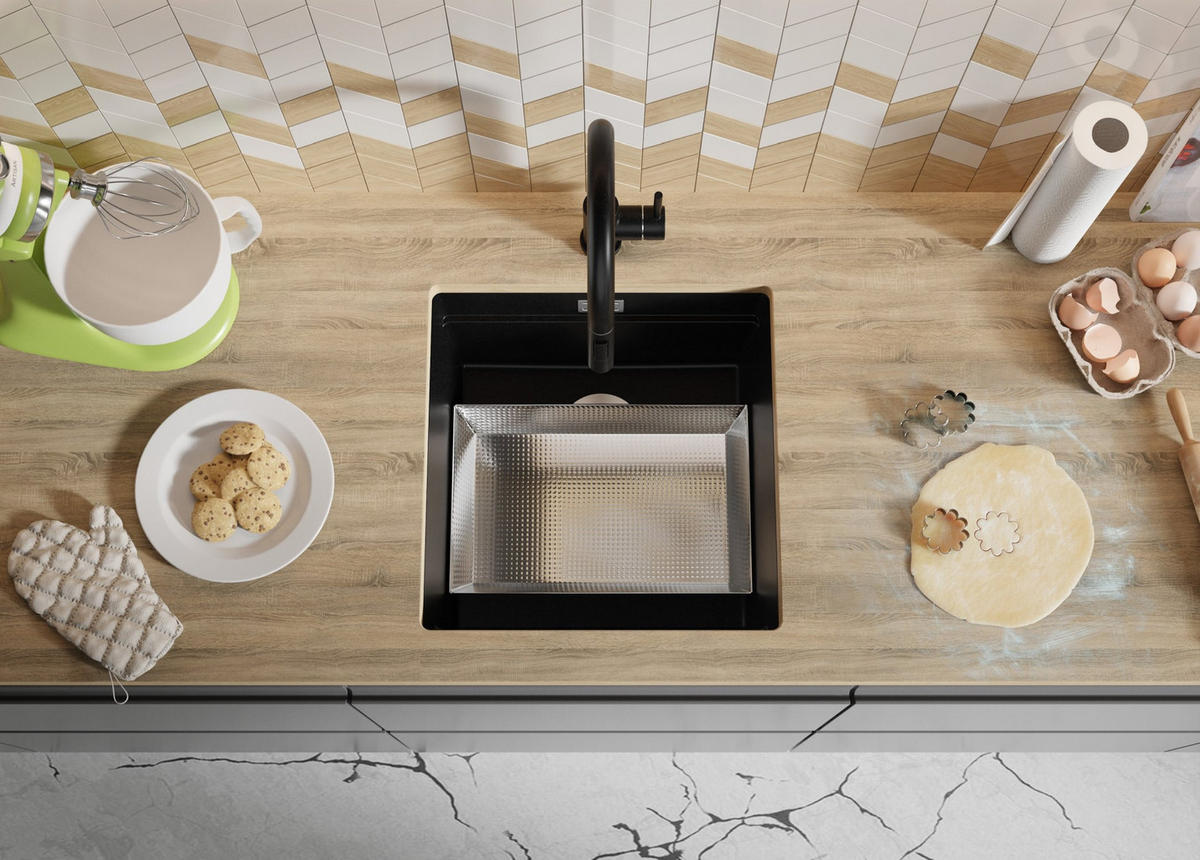 UNTERBAUSPÜLE GRANIT Praga, 2-er set Schwarz 46/47 cm 1 Becken + Ablauf-Set + Aufrollbare Abtropffläche ab 50er Unterschrank - Chromfarben/Schwarz, Kunststoff (46/20/47cm) - Primagran