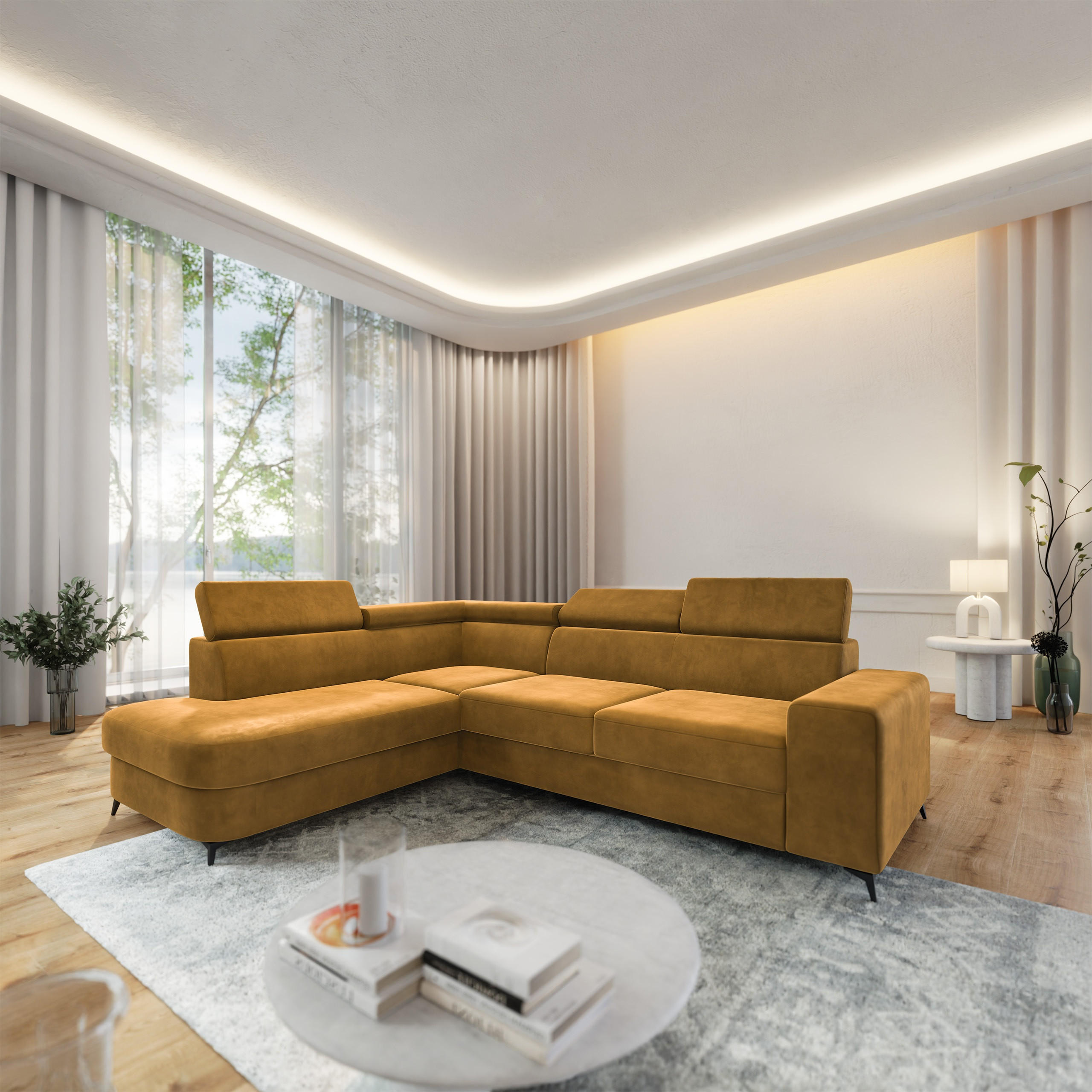 ECKSOFA ALVORO L-S Gelb Velours-Stoff mit Schlaffunktion - Gelb, Holz (253/190cm) - MASSENO