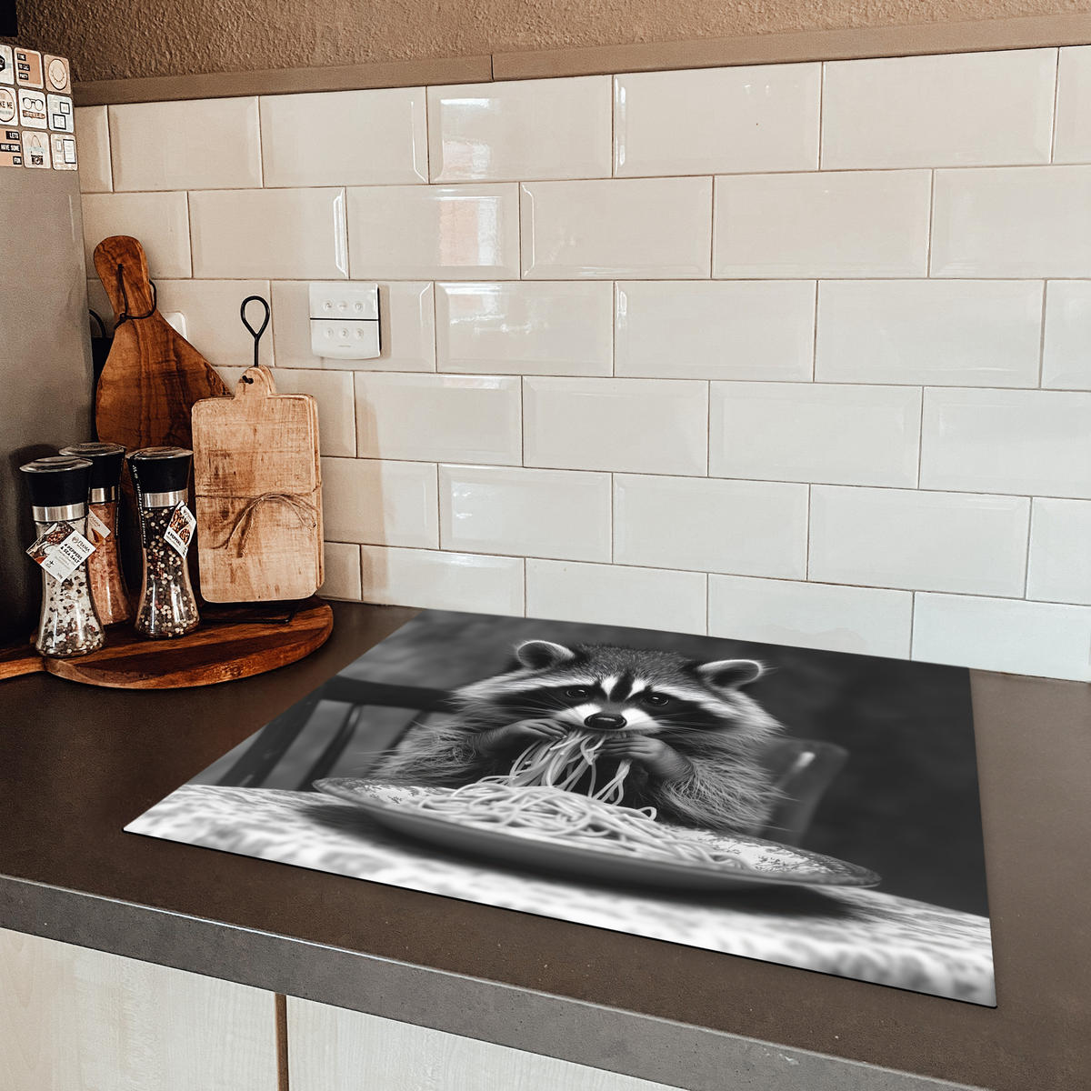HERDABDECKPLATTE Waschbär - Niedlich - Pasta - Tischtuch - Schwarz - Weiß Herdabdeckung Induktionsfeld 65x52 cm - Grau, Kunststoff (65/52/0.2cm) - MuchoWow