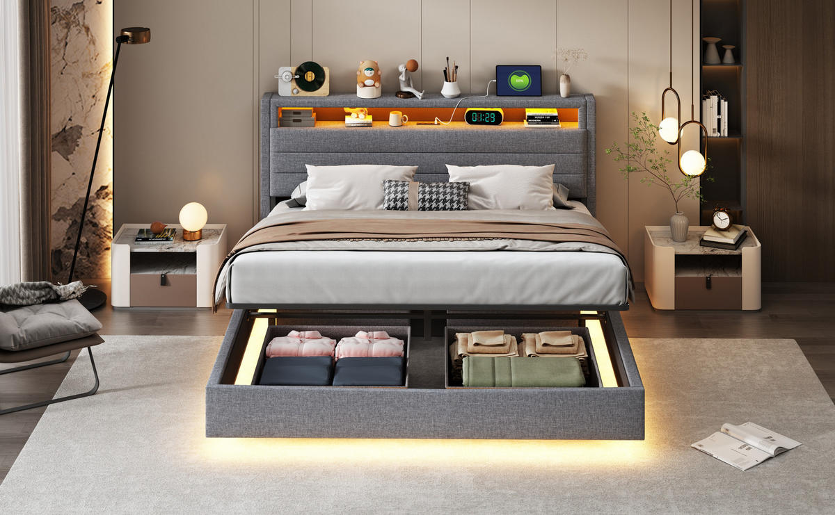 POLSTERBETT 160x200 cm LED USB Stauraum grau - Grau, Textil (160/200cm) - LEBENLANG