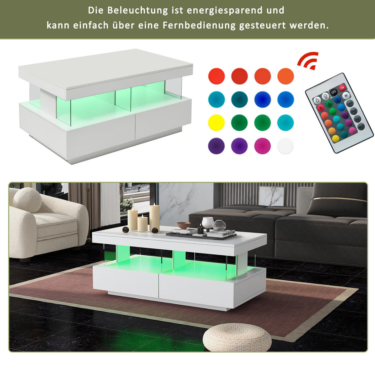 COUCHTISCH 100/60/49.5 cm hochglänzend mit LED-Beleuchtung - Weiß, Holzwerkstoff (100/60/49.5cm) - OKWISH