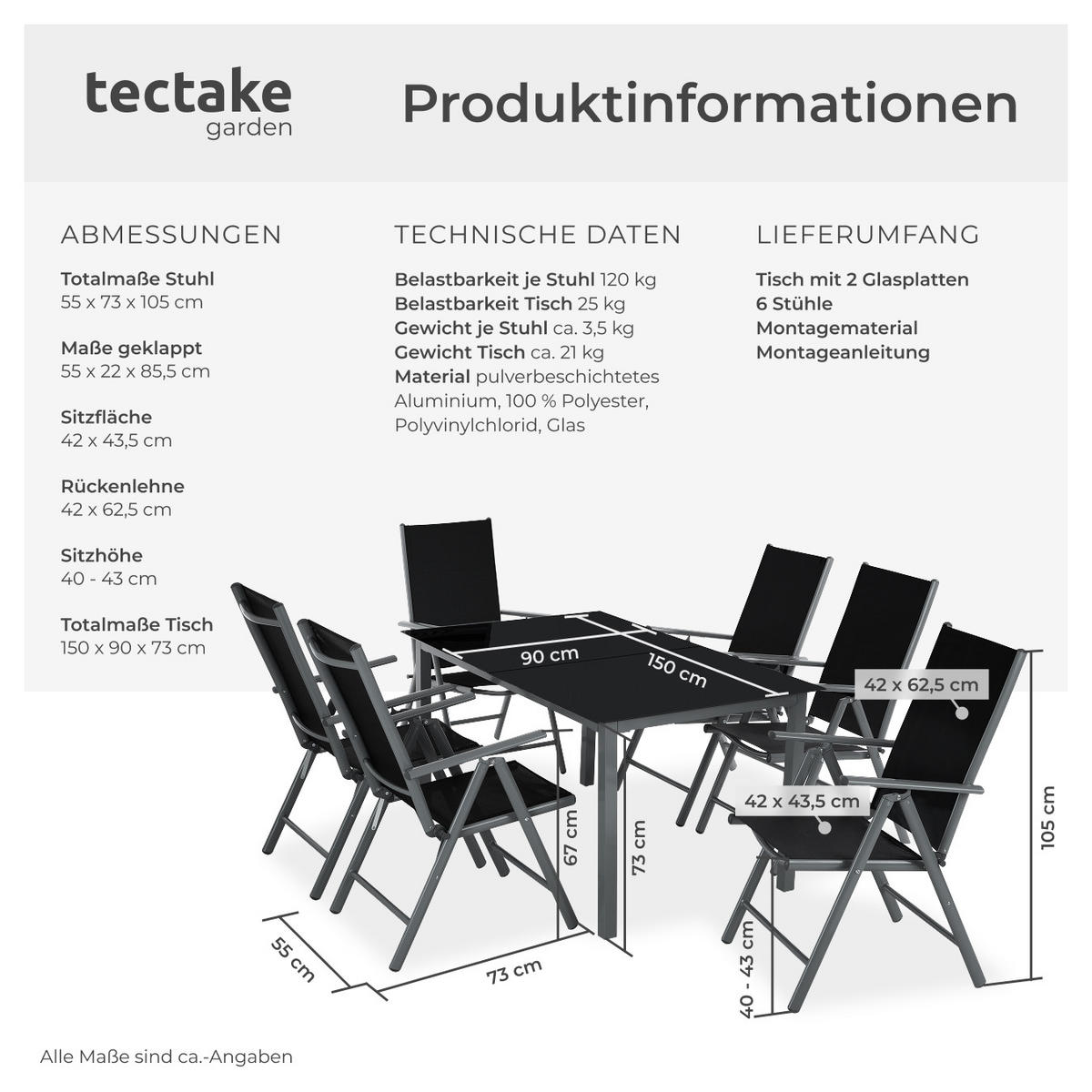 SITZGRUPPE Ercolano,Tisch mit Sicherheitsglasplatten und Ausgleichsschrauben,anthrazit - Anthrazit, Naturmaterialien/Kunststoff - tectake