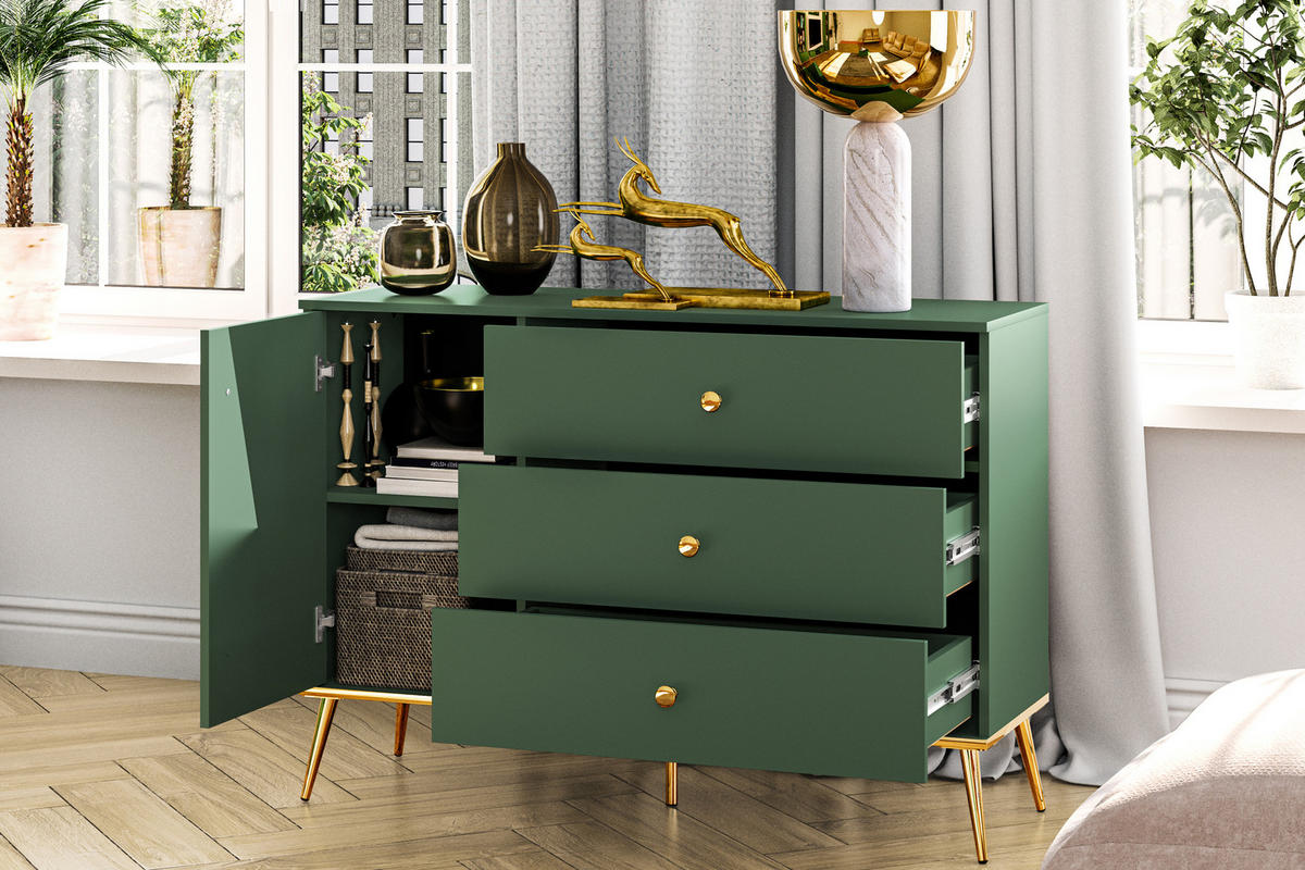 KOMMODE ARICIA Schubladen mit Vollauszug, Grün - Grün, Holz (120/85/40cm) - KONSIMO®
