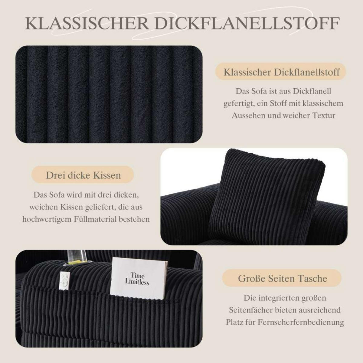 ECKSOFA mit Seitentasche und Getränkehalter, inkl. Kissen, Schwarz - Schwarz, Textil (253/61/158cm) - Kaket