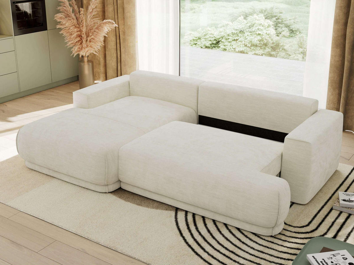 ECKSCHLAFSOFA RINA L Creme Schenille glatt - links - Creme/Schwarz, Kunststoff/Textil (267/170cm) - MKS