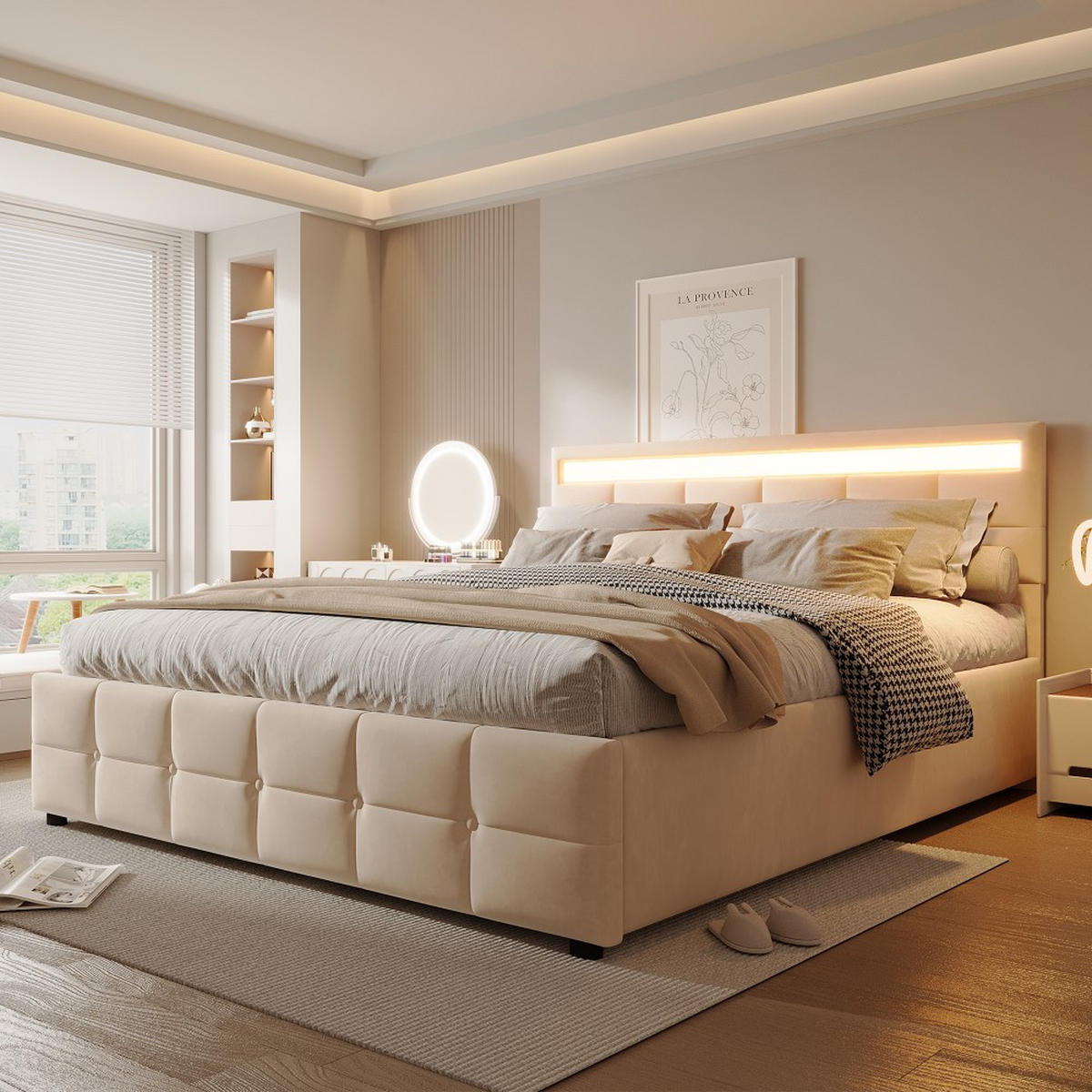 POLSTERBETT180X200CM in Beige Samtstoff mit LED-Leuchten - Beige, Holz/Textil (180/200cm) - KOMHTOM