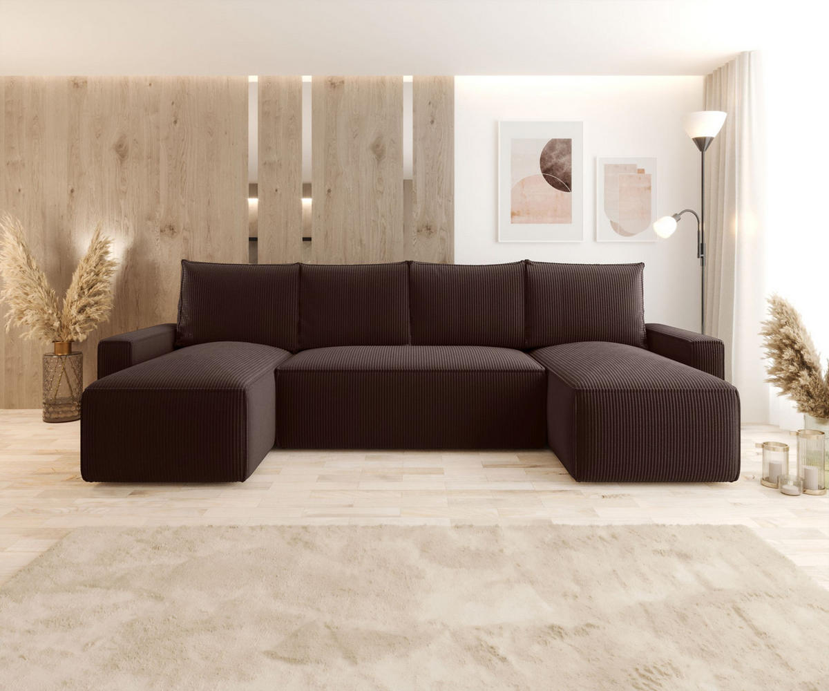 WOHNLANDSCHAFT mit Schlaffunktion SAVIO U Poso 06 - Braun, Textil (300/75/140cm) - Bedante