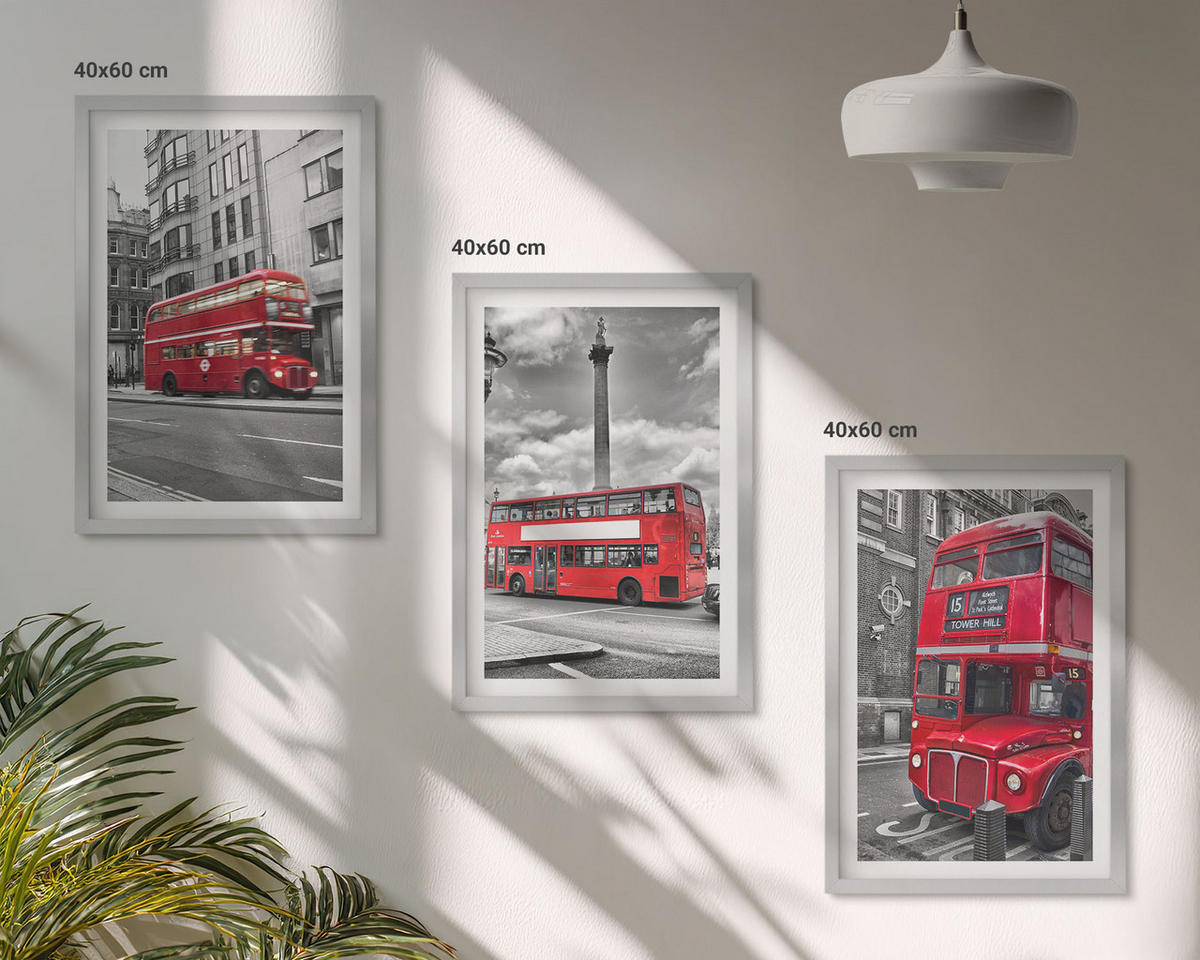 WANDBILDER 3er Set - 40x60 cm Silberner Rahmen - Rote Busse in London - Silberfarben, Kunststoff (40/60cm) - ArtPrintCave