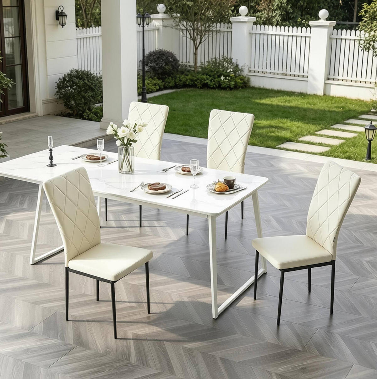 ESSSTUHL 4er-Set mit Samtbezug 42 x 94,5 x 59 cm Creme - Weiß, Metall (42.5/94.5/40cm) - Meubliv
