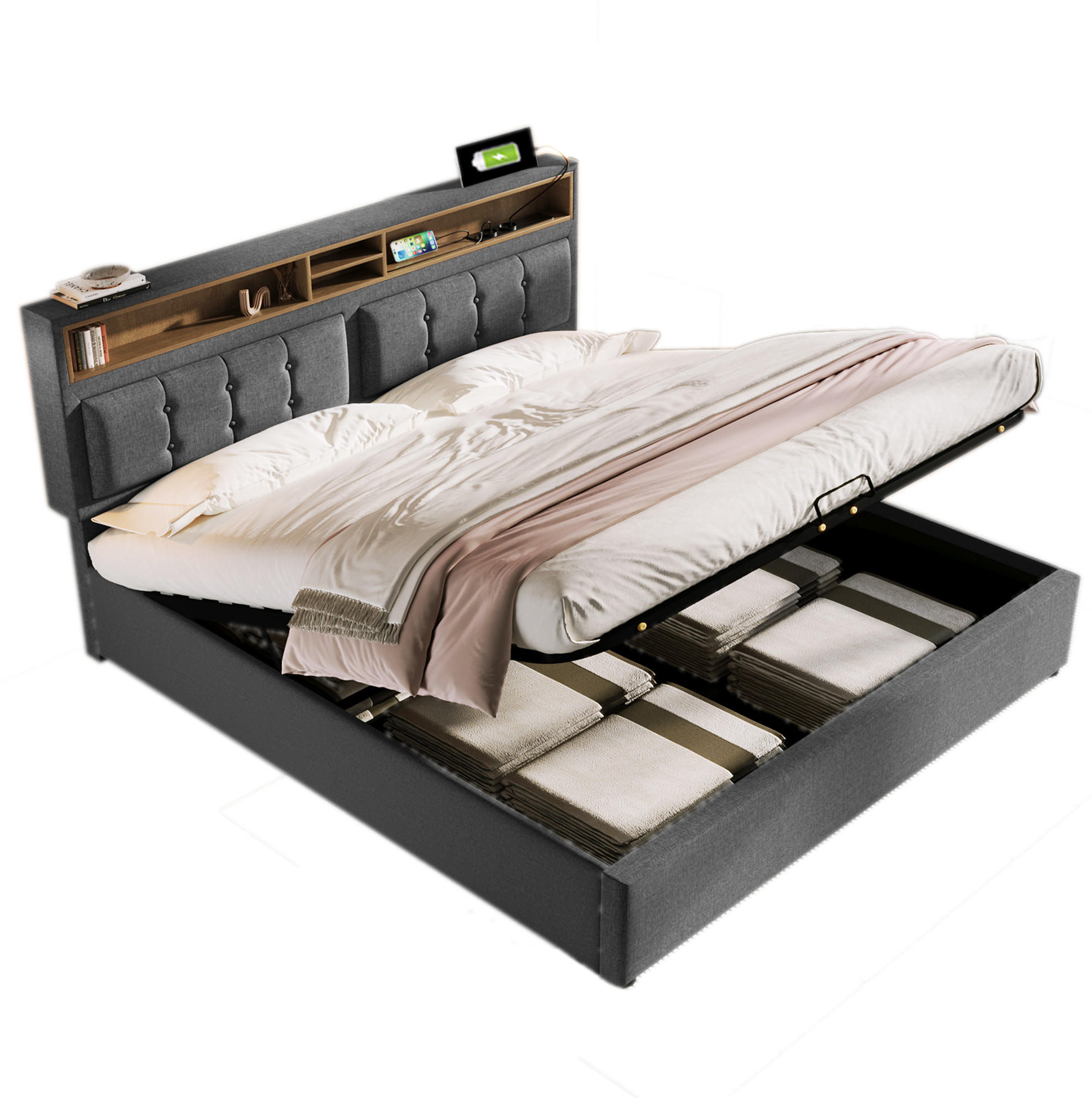POLSTERBETT 160/200 cm mit Bettkasten, USB-C und verstellbarem Kopfteil - Grau, Textil (160/200cm) - BEAOK
