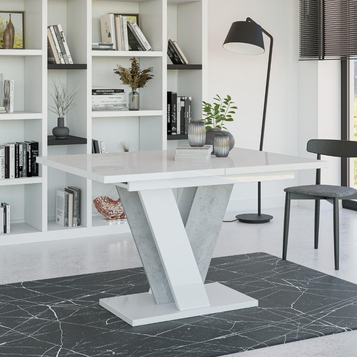 ESSTISCH Ausziehbar 120 - 160 cm Weiß Hochglanz und Betonoptik - Weiß Hochglanz/Grau, Holzwerkstoff (120/90/75cm) - PROSPERO