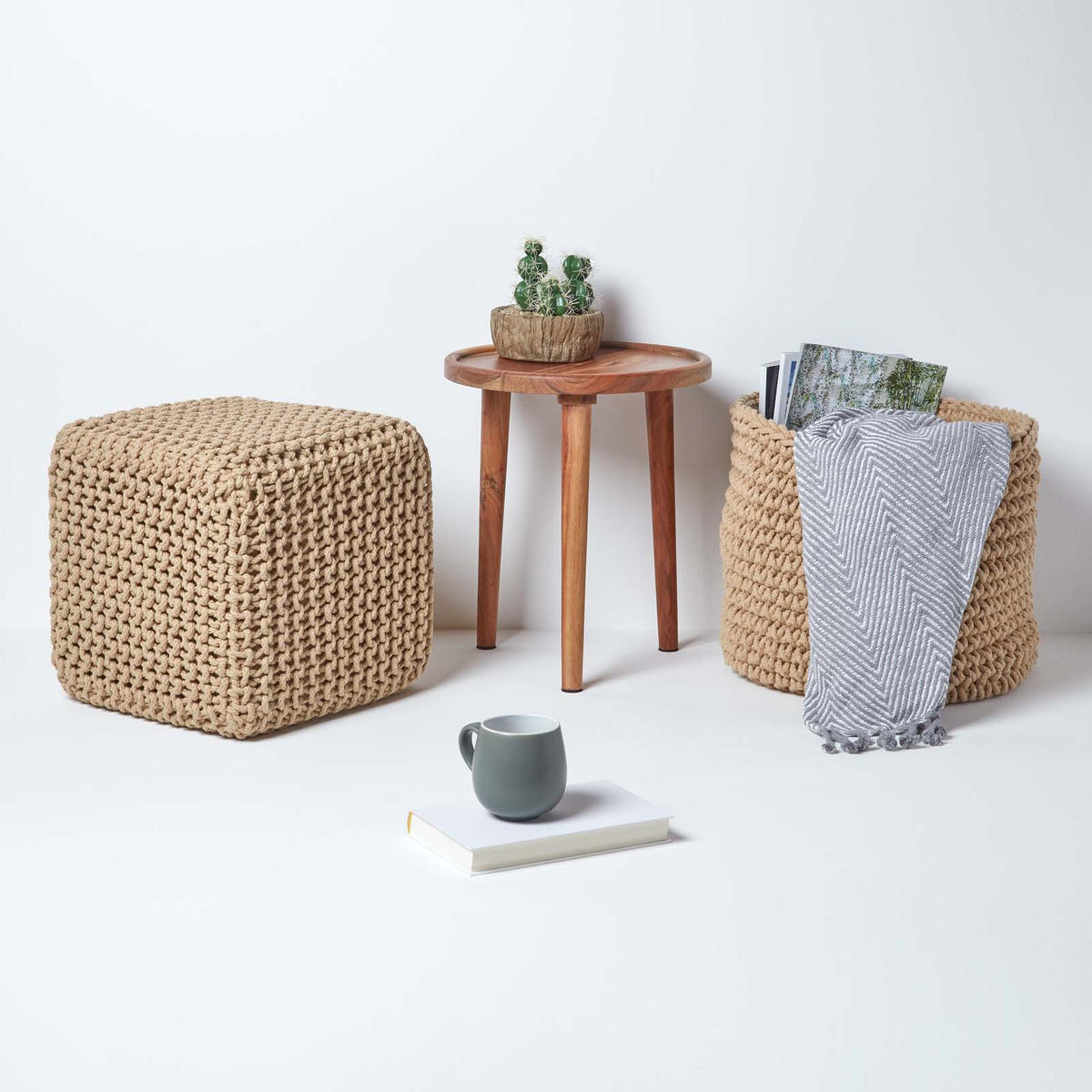 STRICK-POUF beige, Sitzwürfel 35/35/35 cm - Beige, Textil (35/35/35cm) - Homescapes